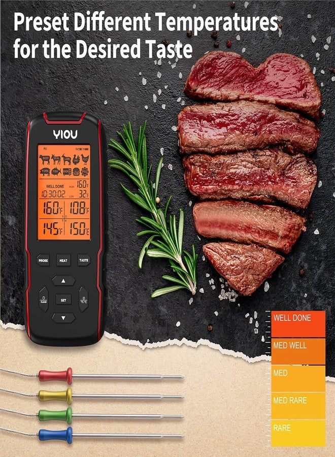 YIOU Wireless Meat Thermometer for Cooking, Digital Meat Thermometer with 4 Probes, 500FT Ultra Accurate & Fast Food Thermometer for Oven, Smoker, Red - Image 5